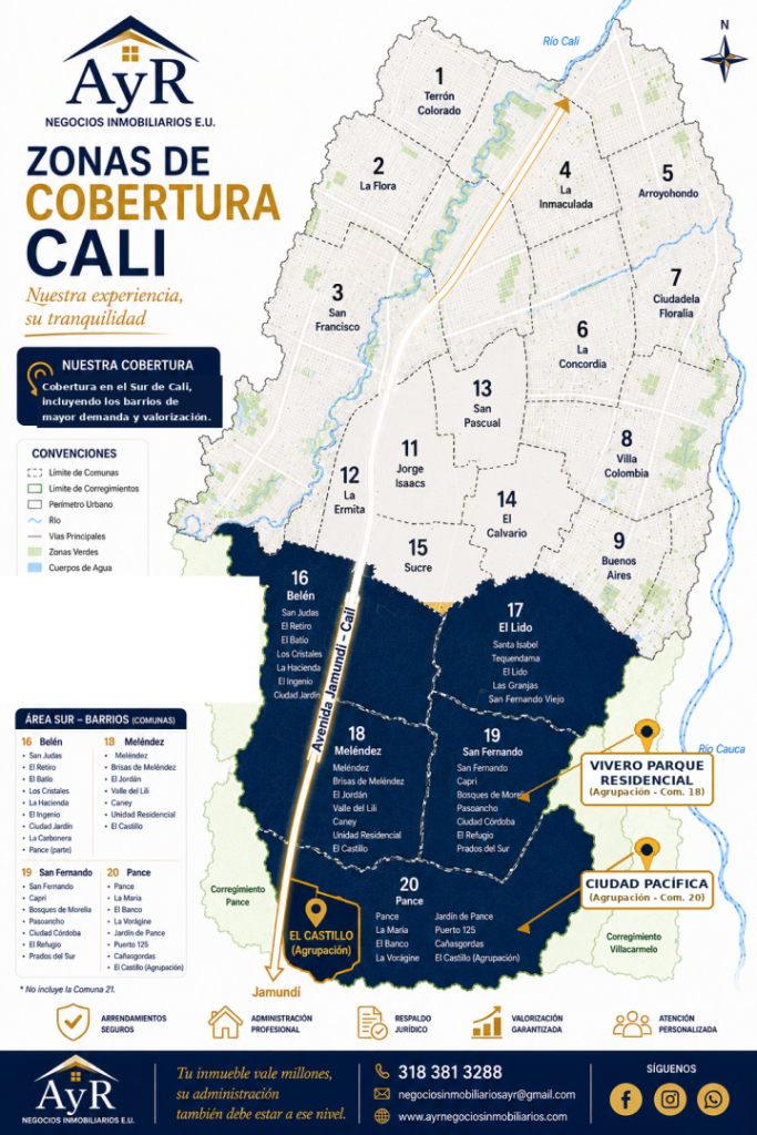 Mapa de cobertura de AYR Negocios Inmobiliarios en el sur de Cali: comunas 16 Bel&eacute;n, 17 El Lido, 18 Mel&eacute;ndez, 19 San Fernando y 20 Pance