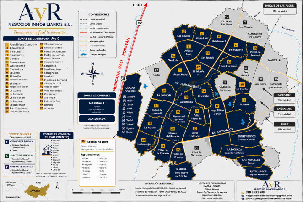 Mapa de zonas de cobertura de AYR Negocios Inmobiliarios en Jamund&iacute;, incluyendo Ciudad Country, Alfaguara y m&aacute;s de 50 sectores urbanos